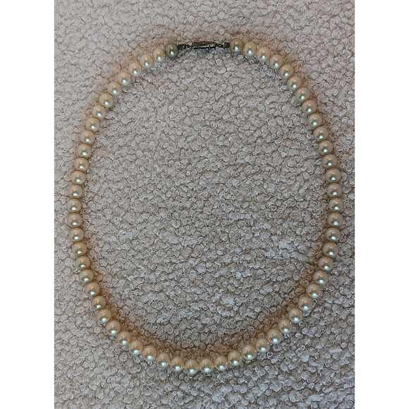 Vintage Signed Japan 6 mm Glass Pearl Necklace 16 in Silvertone Clasp - Picture 5 of 8